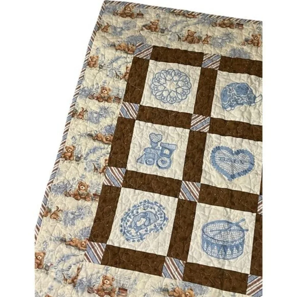 Vintage Baby Quilt With Teddy Bear & Blue Embroidery Design